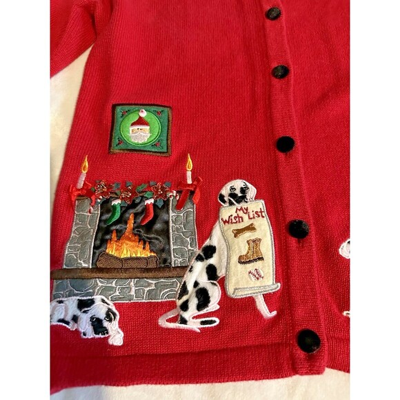 Merry & Bright Christmas Dalmatian Dog Button Up Cardigan Sweater sz M - Picture 2 of 8